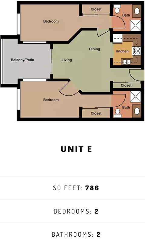 Floor plan for 2 beds, 2 baths, 786 sqft
